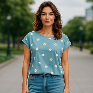 Emery Rose Womens S Blouse Shirt Teal Floral Sleeveless Loose Fitting Daisy NWT